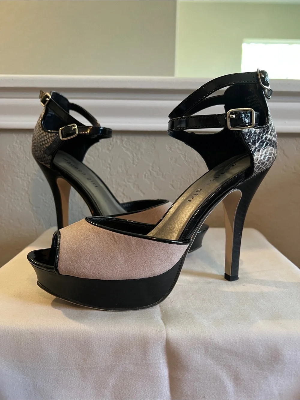 Madden Girl Black Patent and Blush/Tan Platform Ankle-Strap Sandals